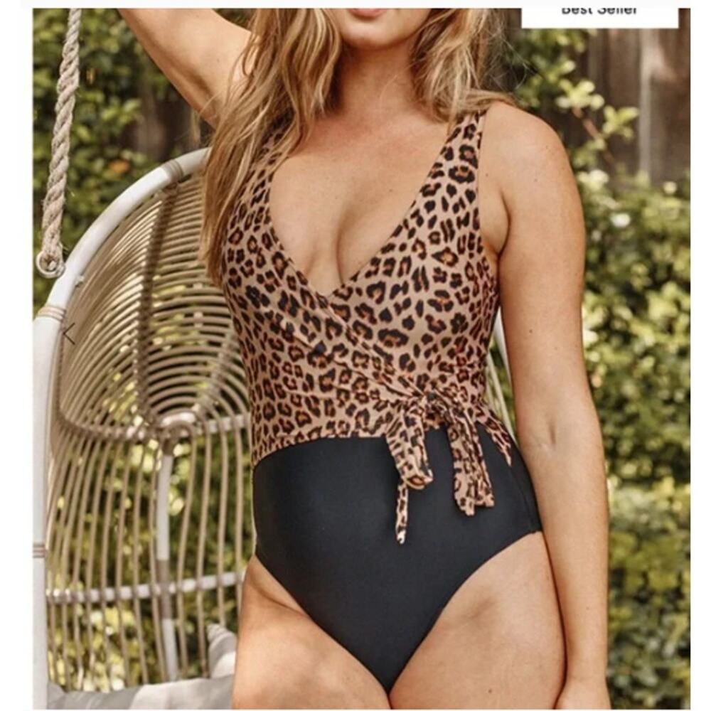 Summersalt Swimsuit Womens Size 22 Perfect Wrap One-Piece‎ Leopard Black V Neck - Picture 3 of 15